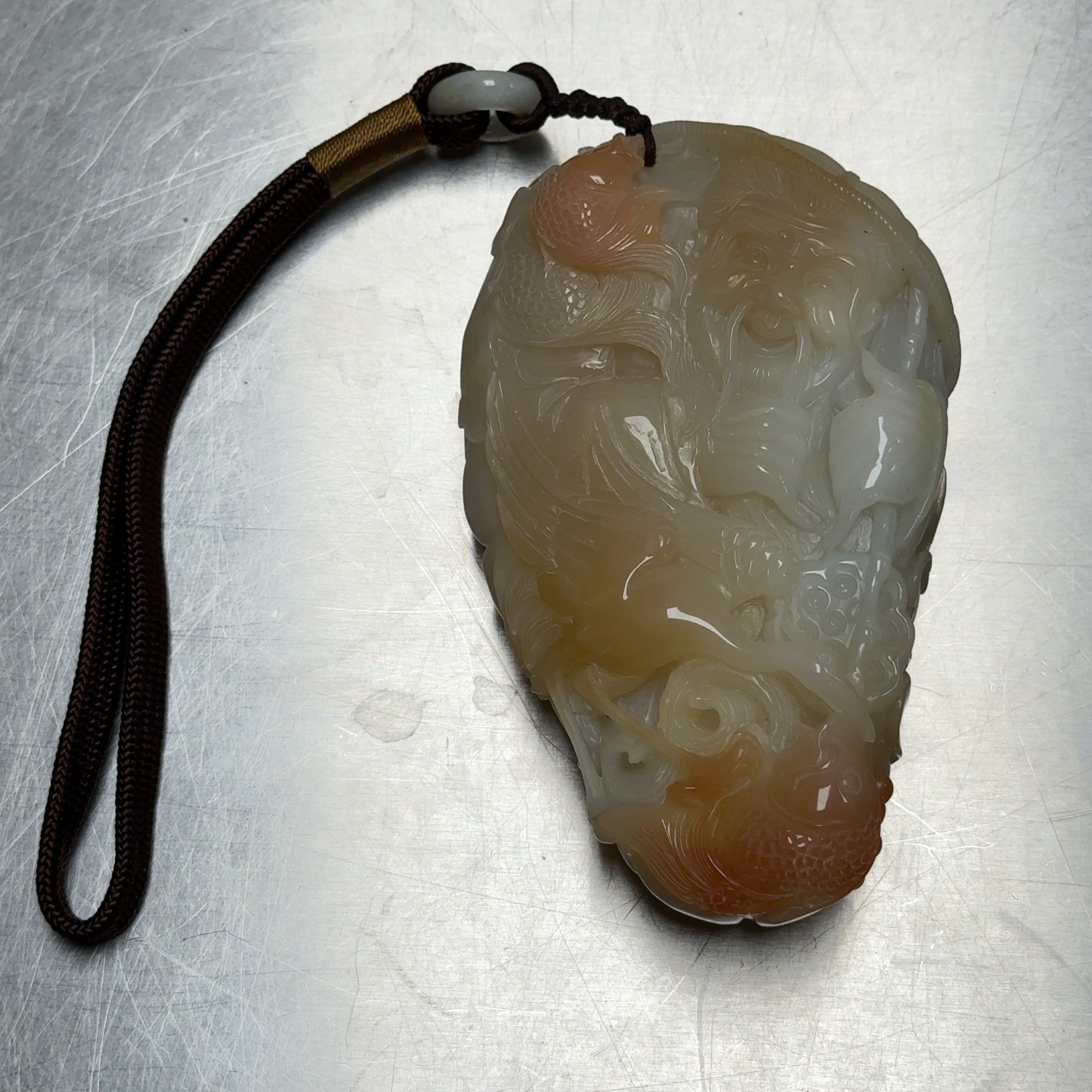 Chinese Hand Carved Nephrite Jade Large Pendant Old Man & Umbrella 5"