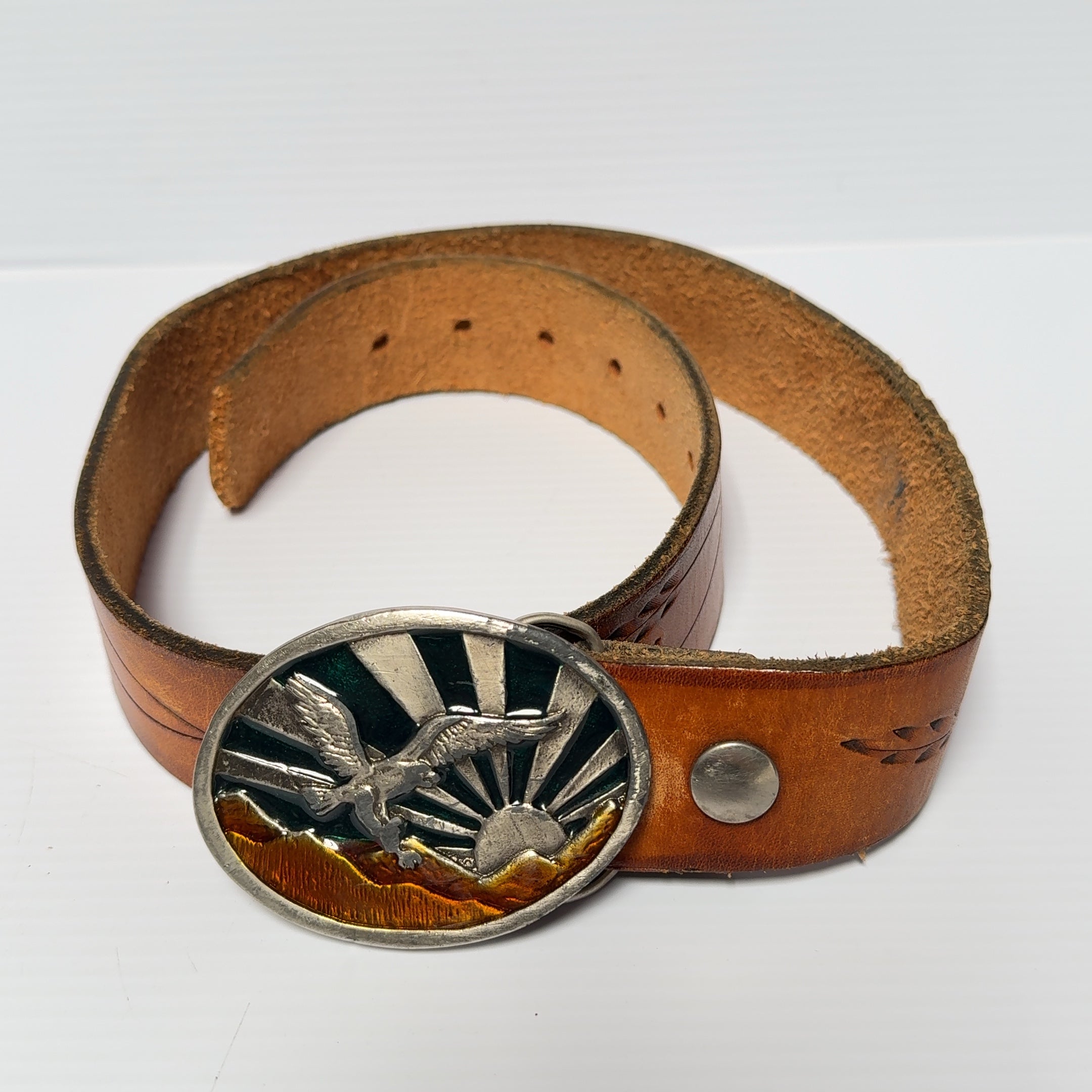 Eagle Sunrise Steel Belt Buckle Hand Tooled Leather Belt Western 35.5"