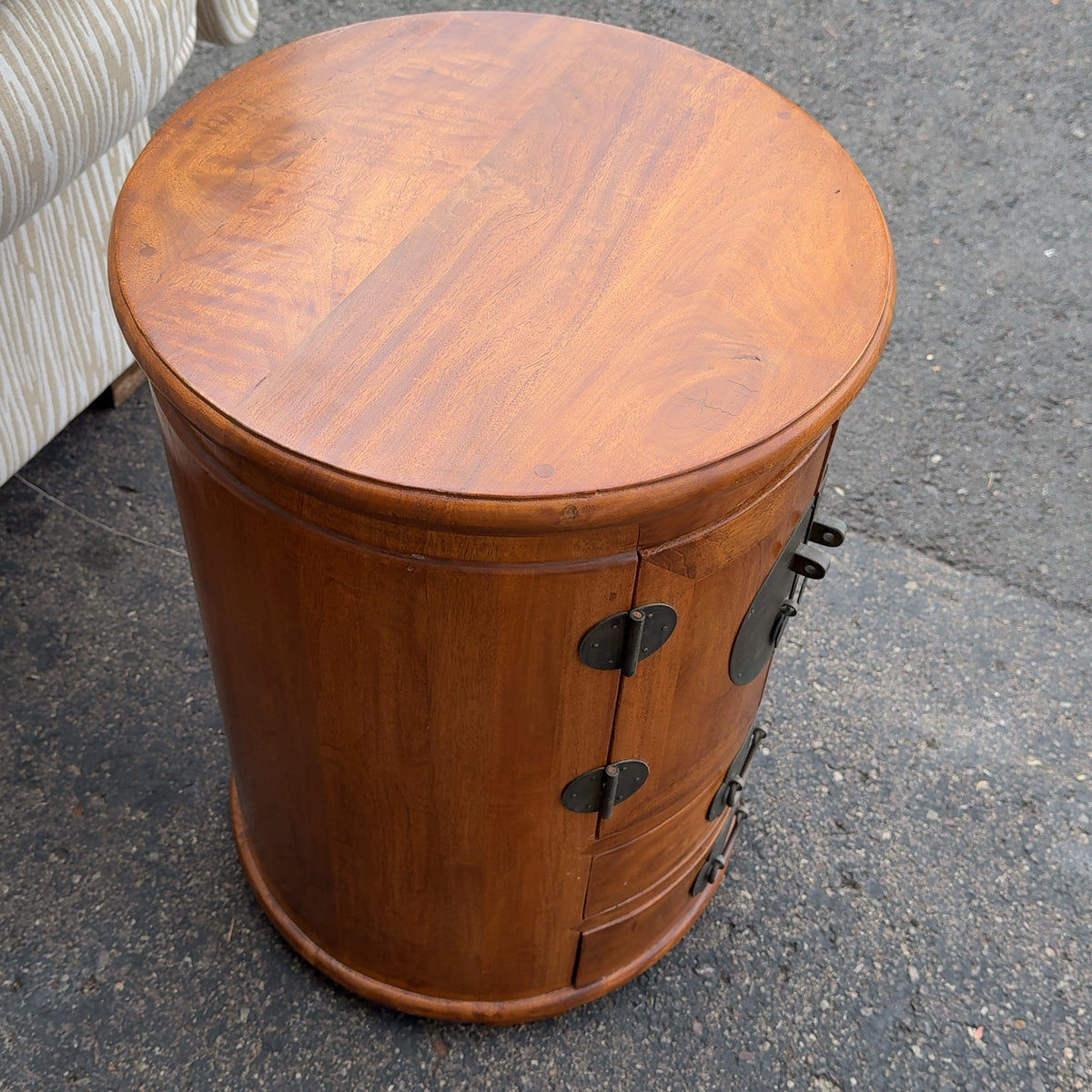 Round Wooden Asian Style Side Table w/ Storage Solid Wood