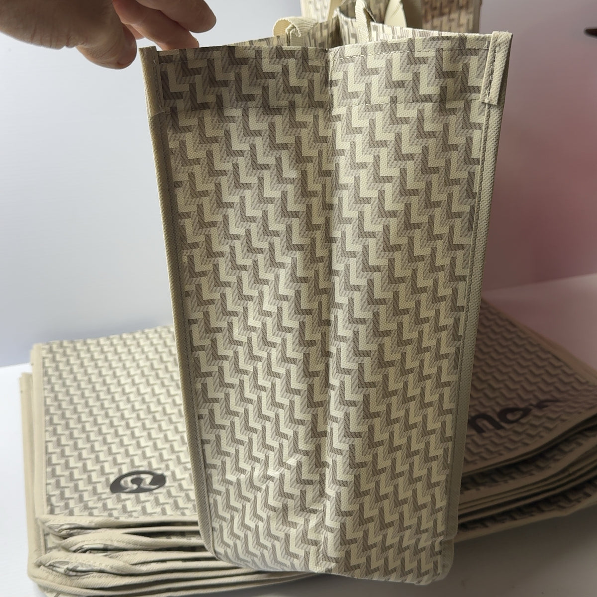 5 - Lululemon Reusable Shopping Tote Bag Geometric Tan Cream Holiday 2025 Large
