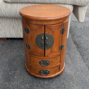 Round Wooden Asian Style Side Table w/ Storage Solid Wood