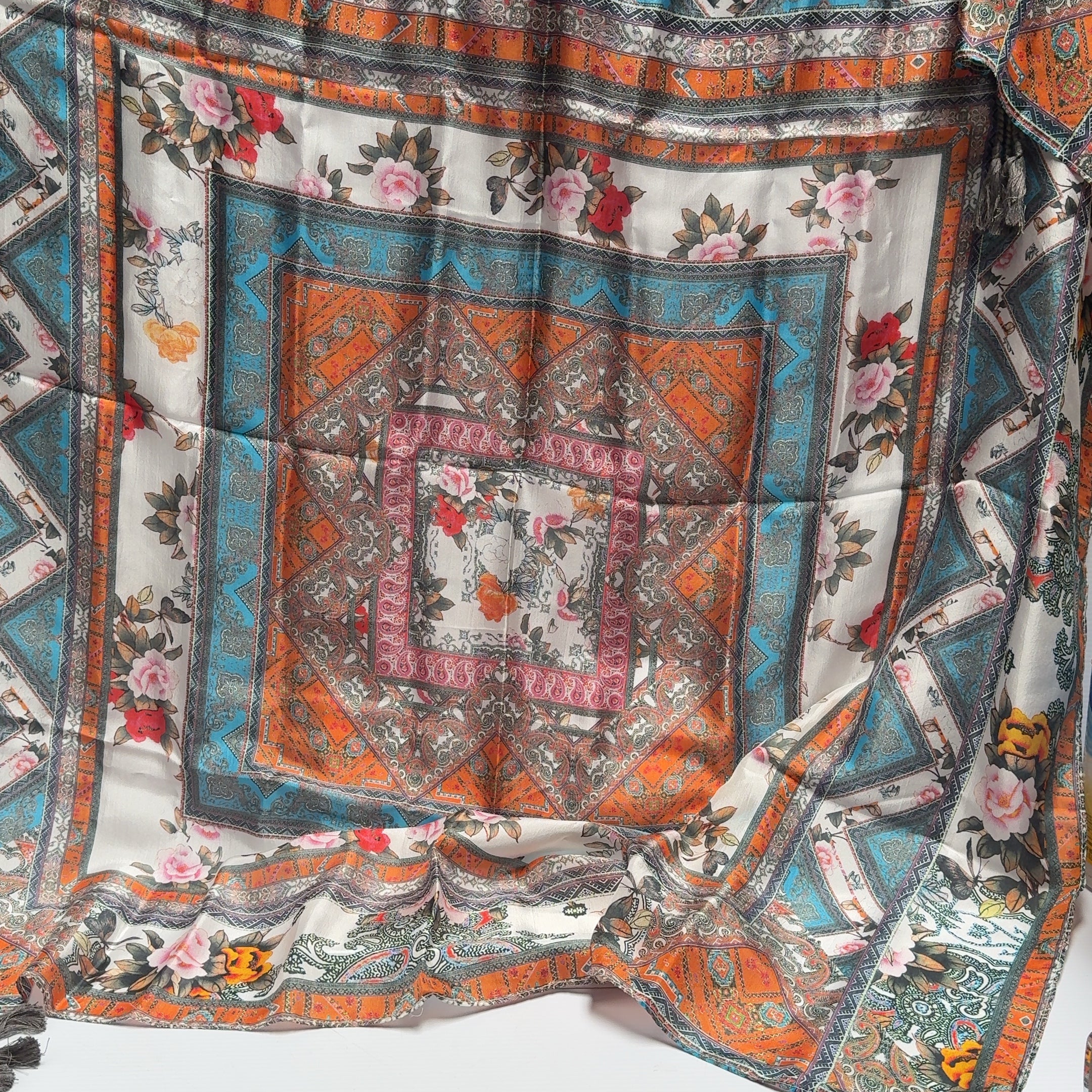 Johnny Was 100% Silk Scarf Tassels Floral Symmetrical Square 42" x 42"