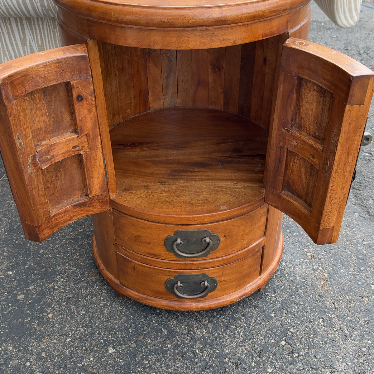 Round Wooden Asian Style Side Table w/ Storage Solid Wood