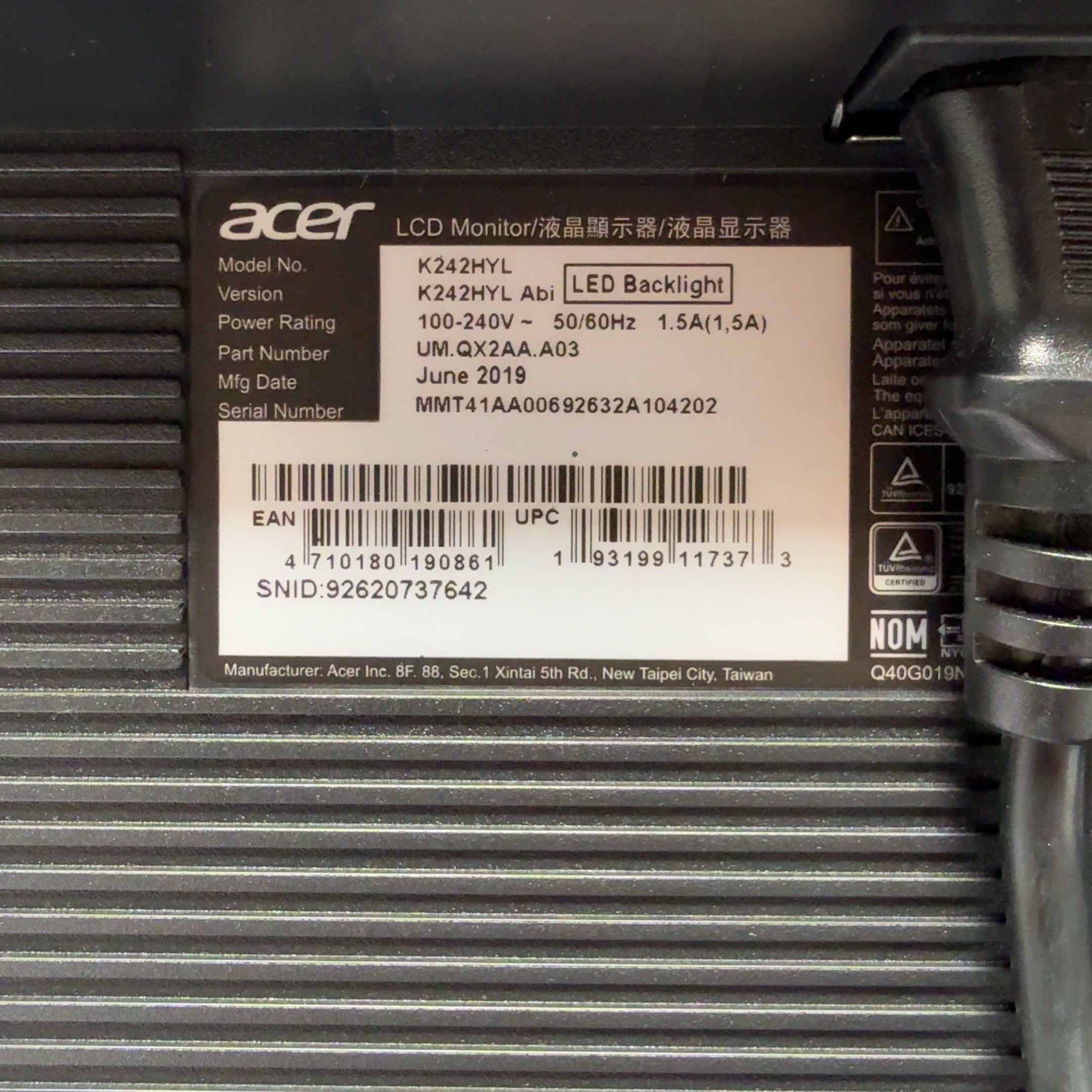 acer 24" K2 Computer Monitor Full HD HDMI Display