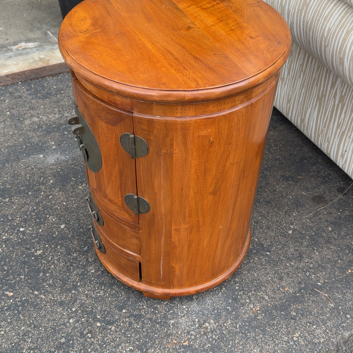 Round Wooden Asian Style Side Table w/ Storage Solid Wood