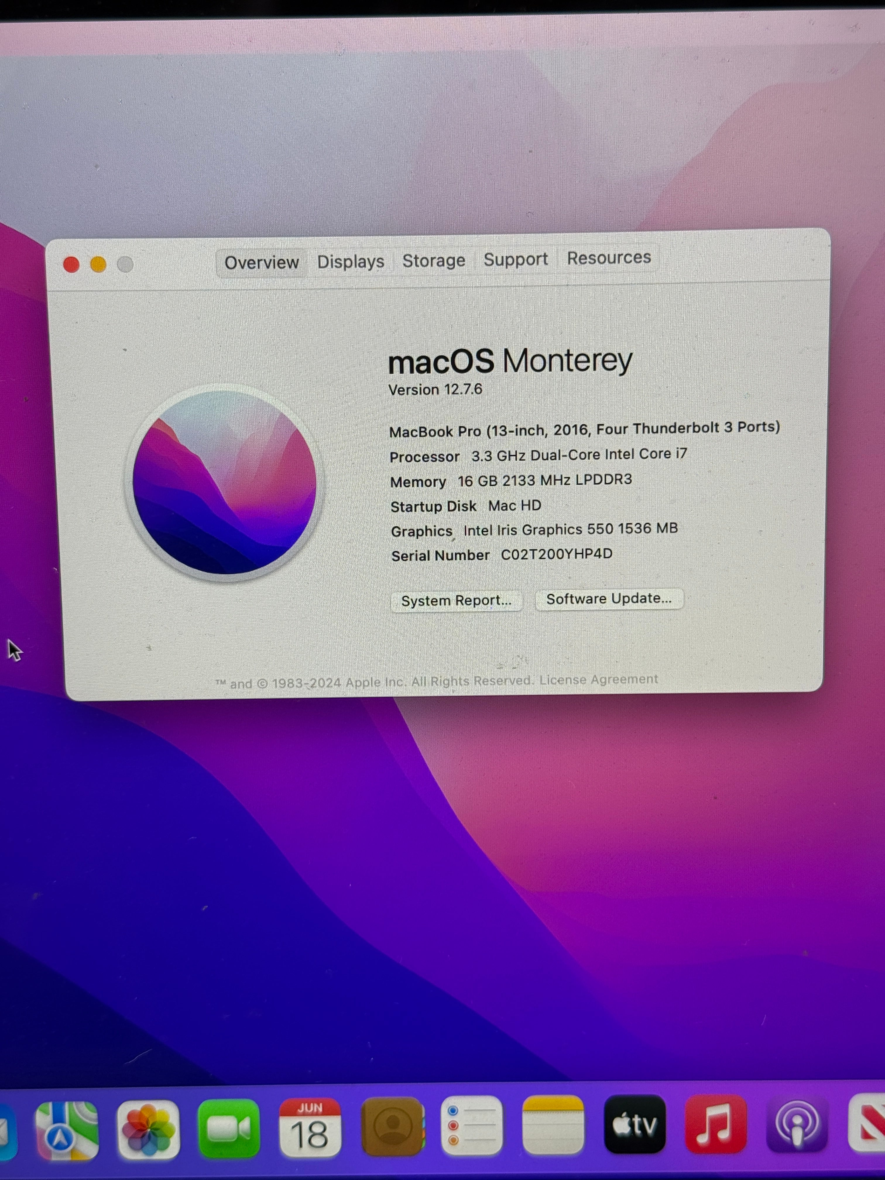 Apple MacBook Pro 13" (2016) Touch Bar i7 3.3GHz 16GB RAM 500GB SSD Silver