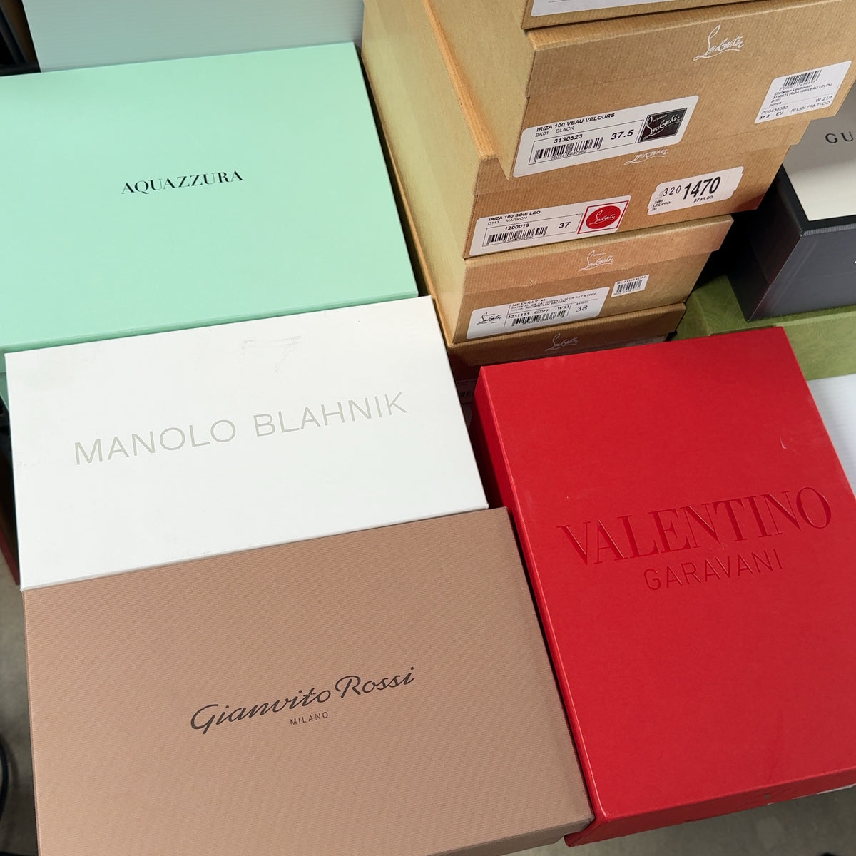 Lot of 14 Designer Shoe Boxes - Gucci, Dior, Louboutin, Jimmy Choo,...