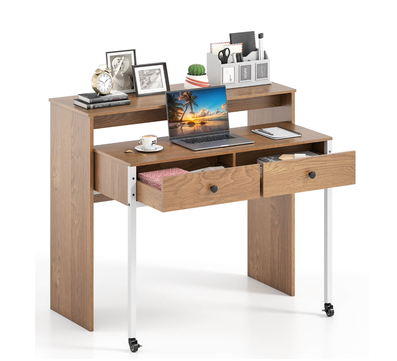 NIB! Costway 39.5" Expandable Rolling Computer Desk with Monitor Shelf 2-tier Desktop 2 Drawers