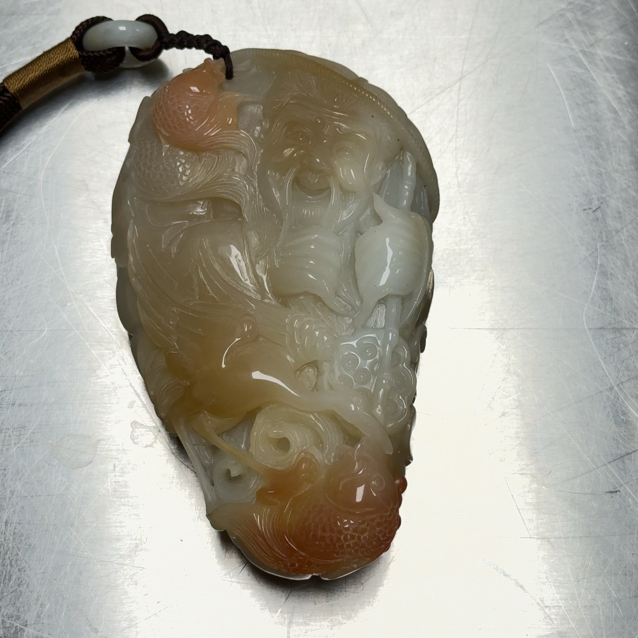 Chinese Hand Carved Nephrite Jade Large Pendant Old Man & Umbrella 5"