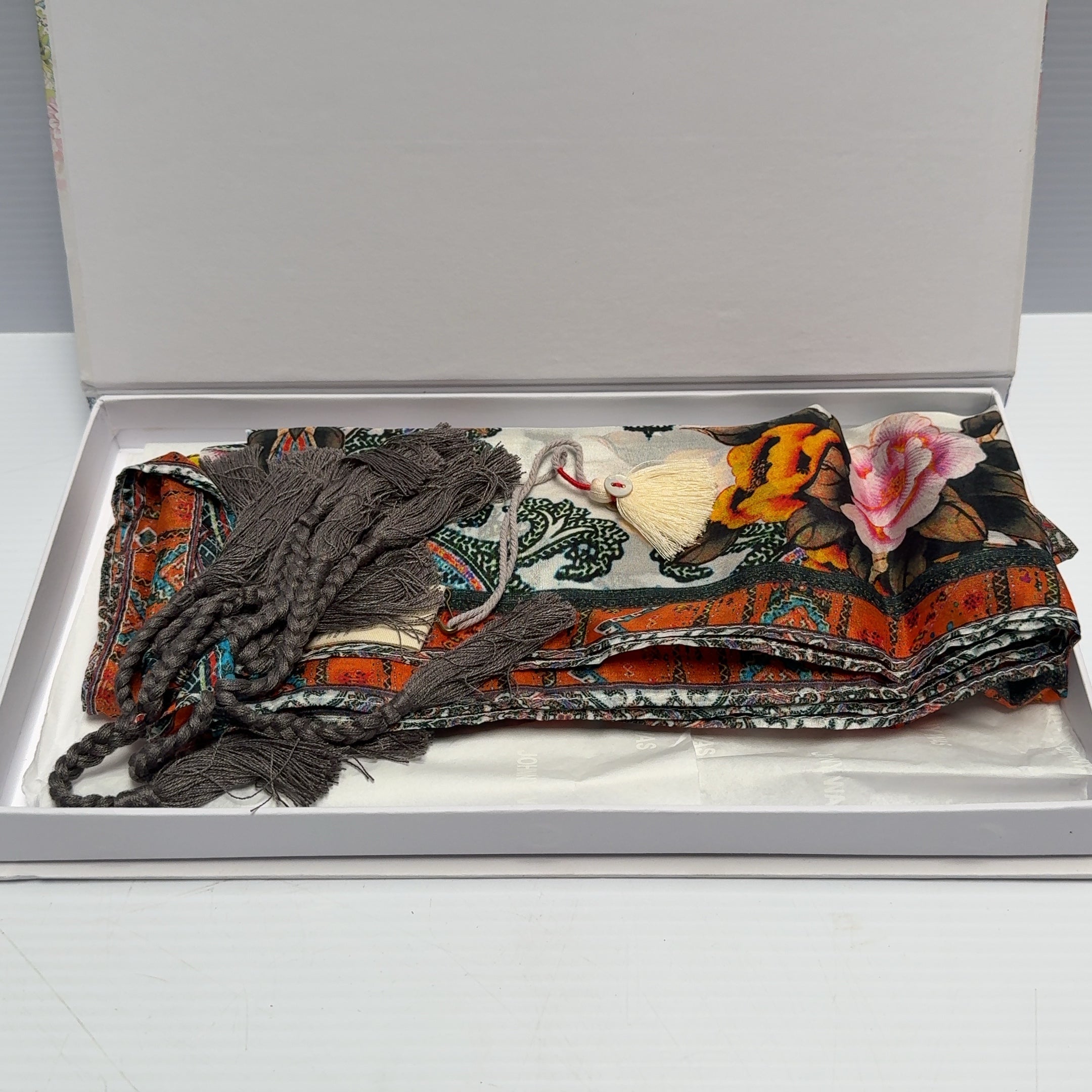 Johnny Was 100% Silk Scarf Tassels Floral Symmetrical Square 42" x 42"
