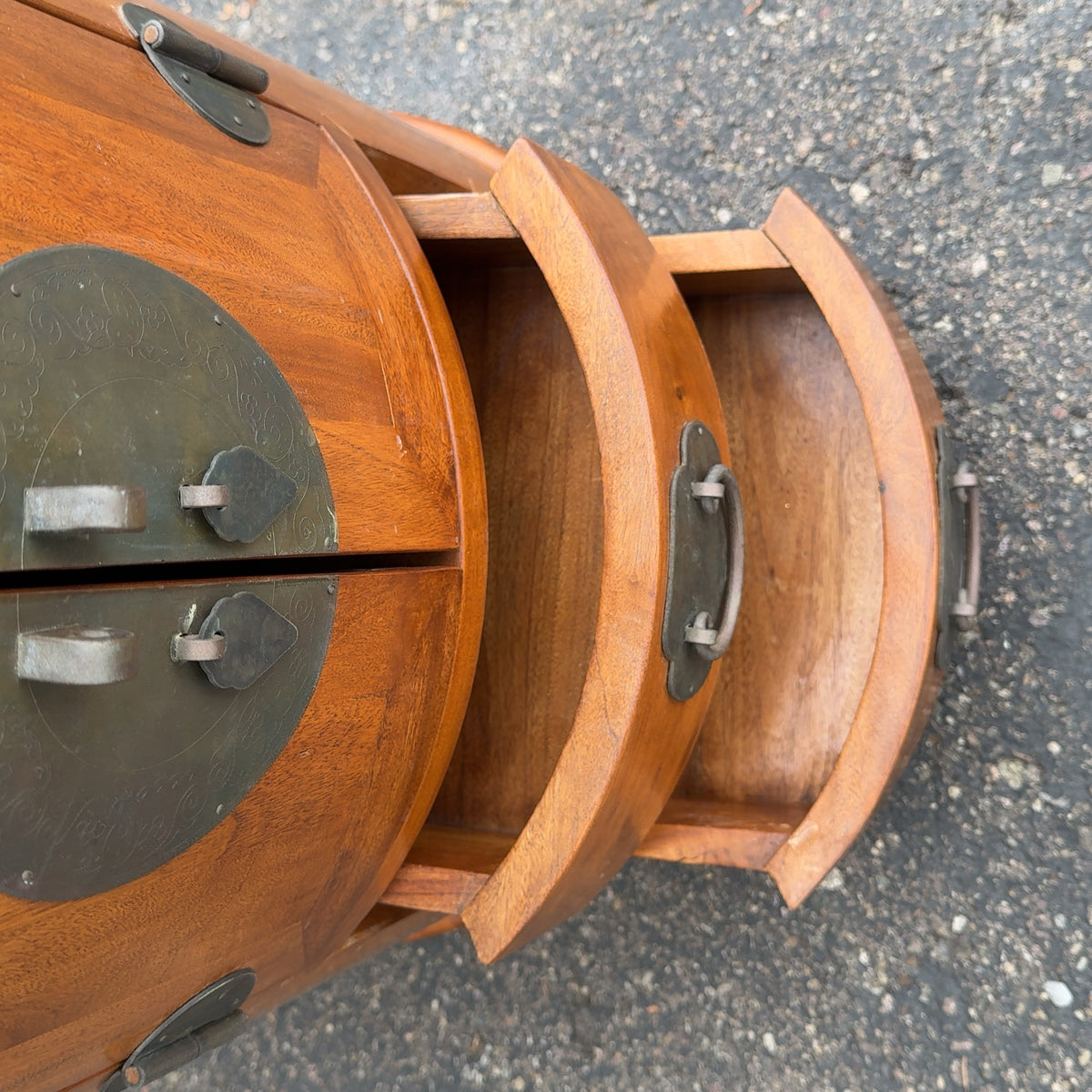 Round Wooden Asian Style Side Table w/ Storage Solid Wood