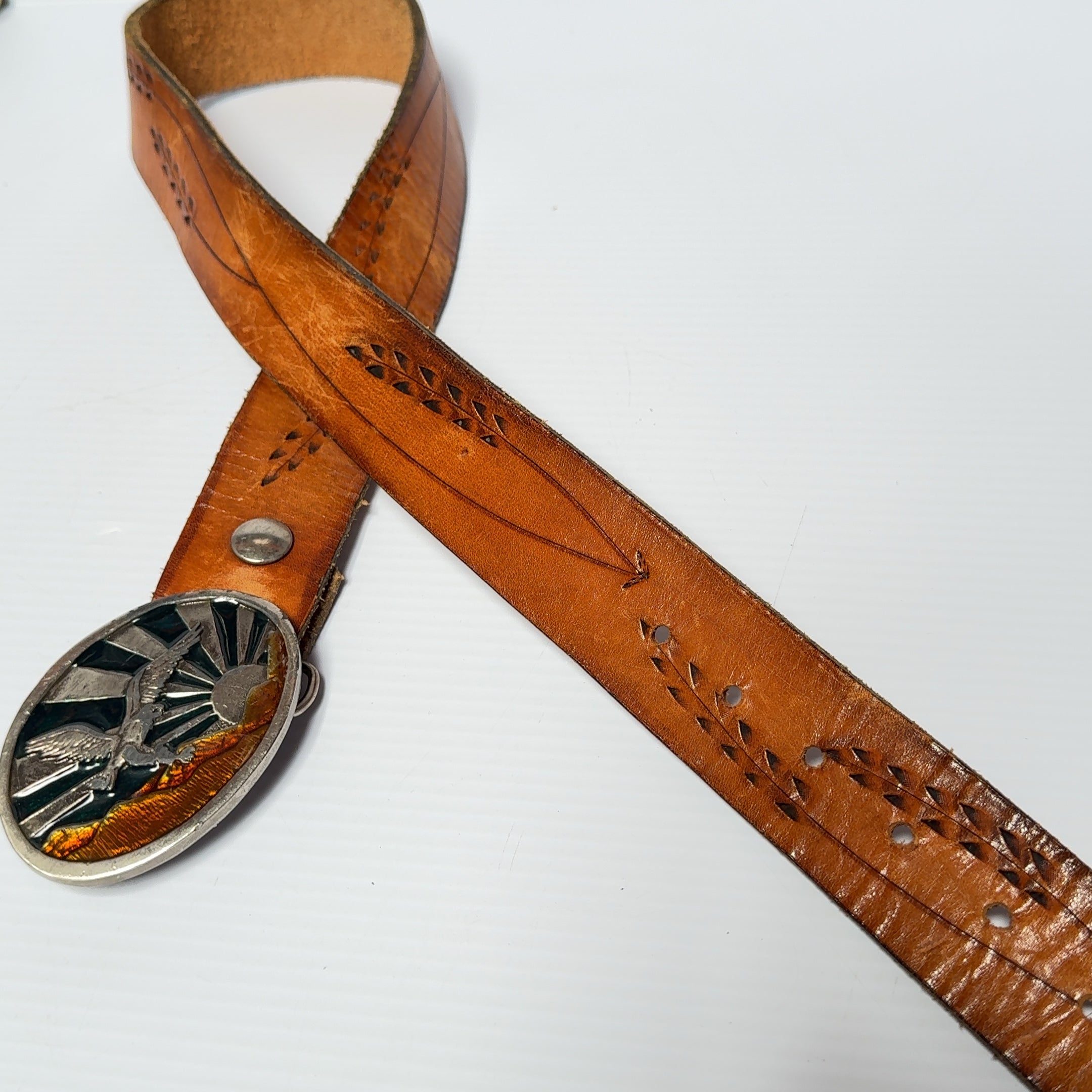 Eagle Sunrise Steel Belt Buckle Hand Tooled Leather Belt Western 35.5"