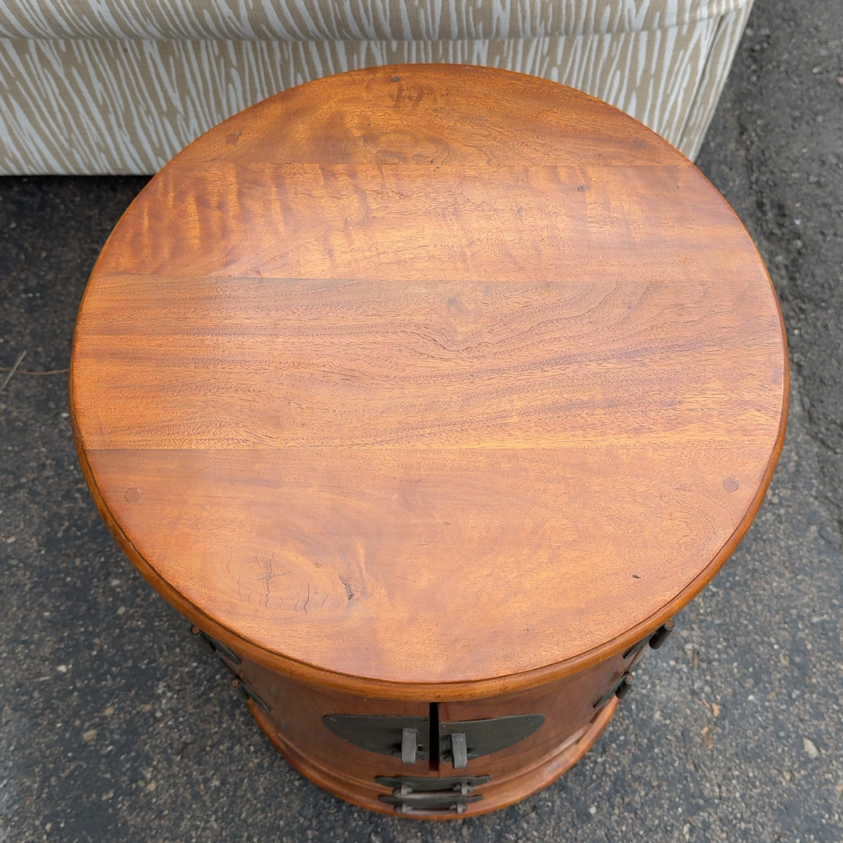 Round Wooden Asian Style Side Table w/ Storage Solid Wood