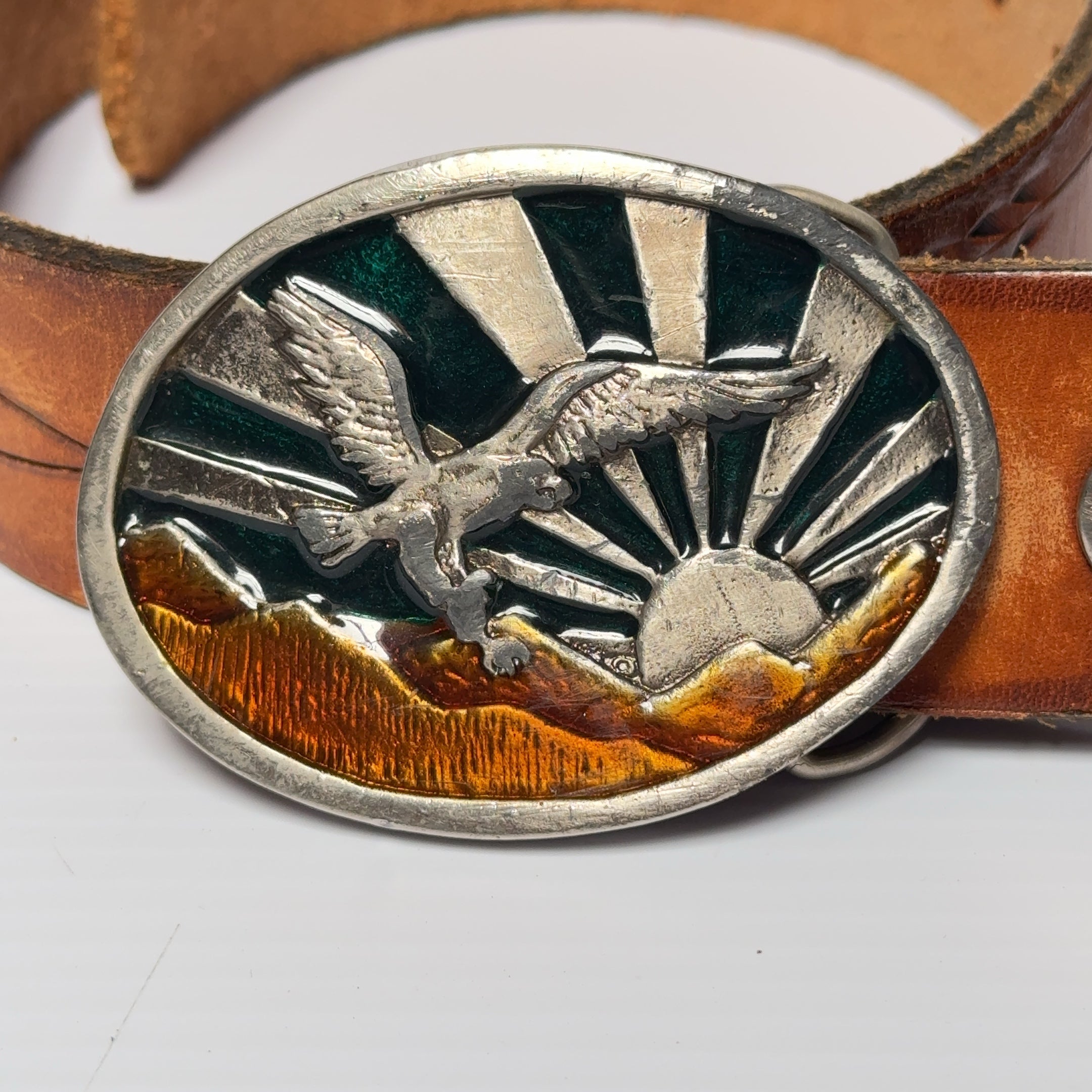 Eagle Sunrise Steel Belt Buckle Hand Tooled Leather Belt Western 35.5"