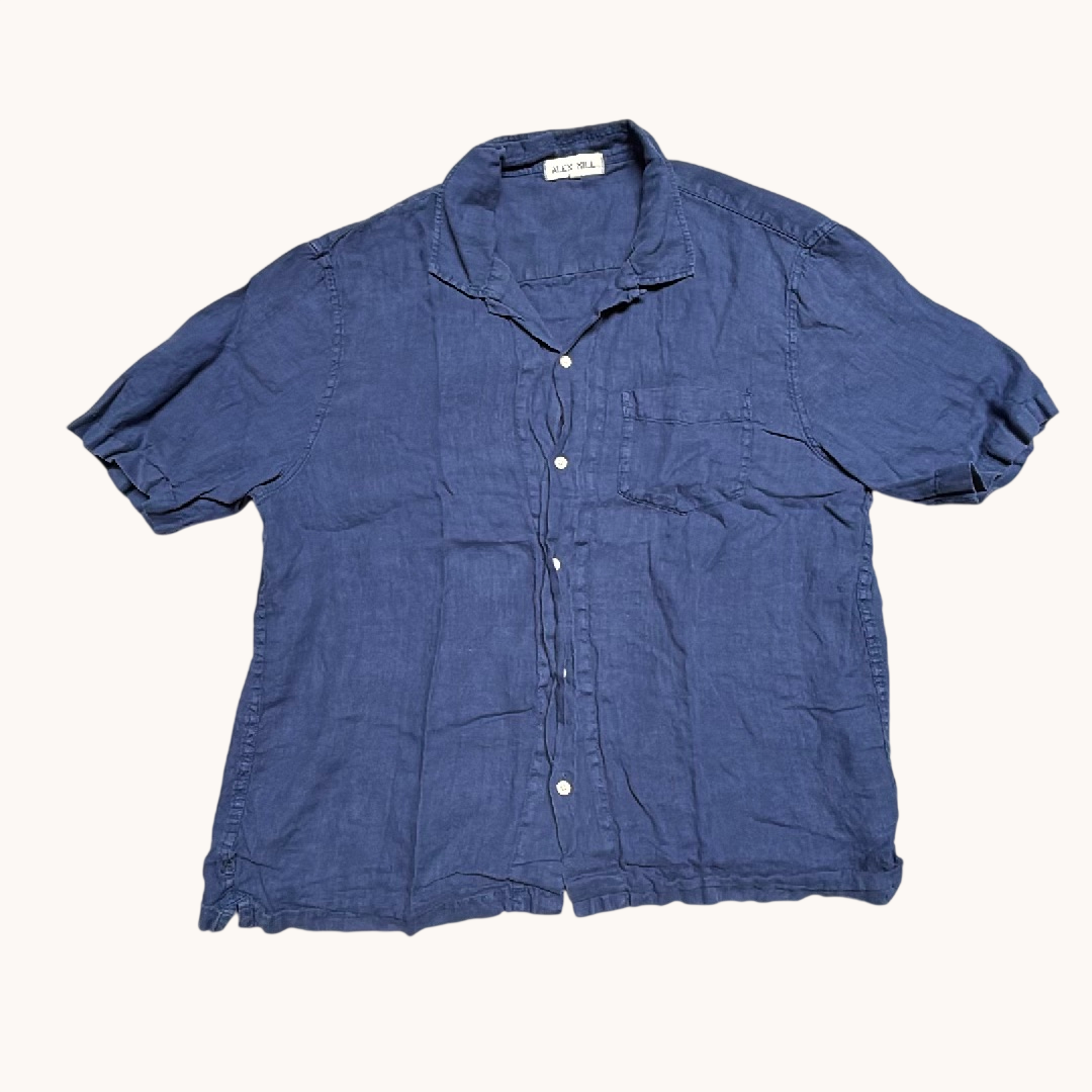 Alex Mill Mens XXL Navy Blue 100% Linen Short Sleeve Button Down Shirt