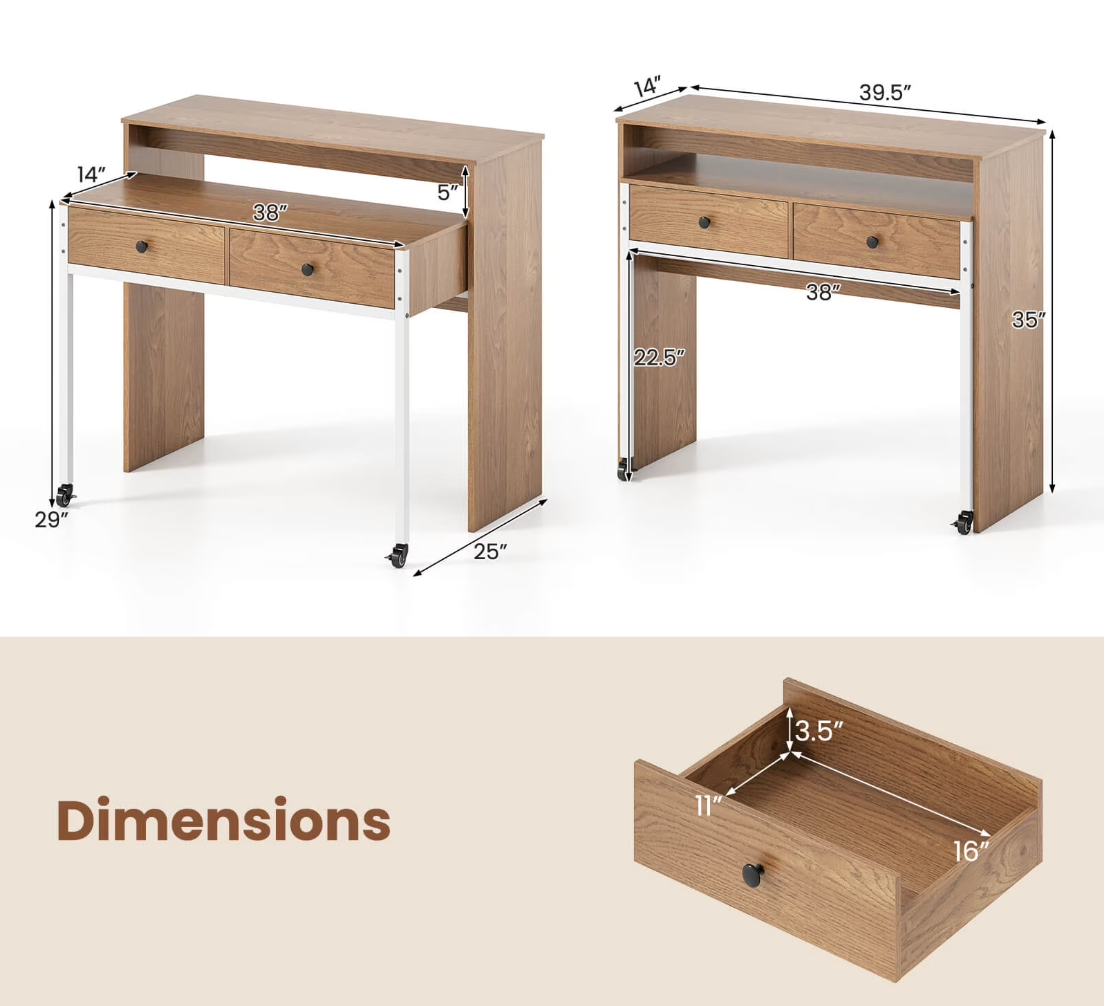NIB! Costway 39.5" Expandable Rolling Computer Desk with Monitor Shelf 2-tier Desktop 2 Drawers
