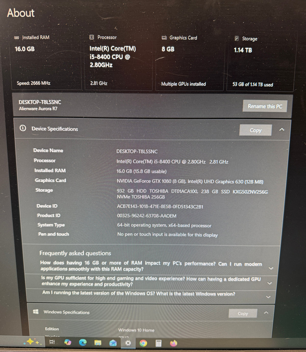 Alienware Aurora R7 Desktop Computer Core i5-8400 2.8GHz 116GB RAM 1TB HD