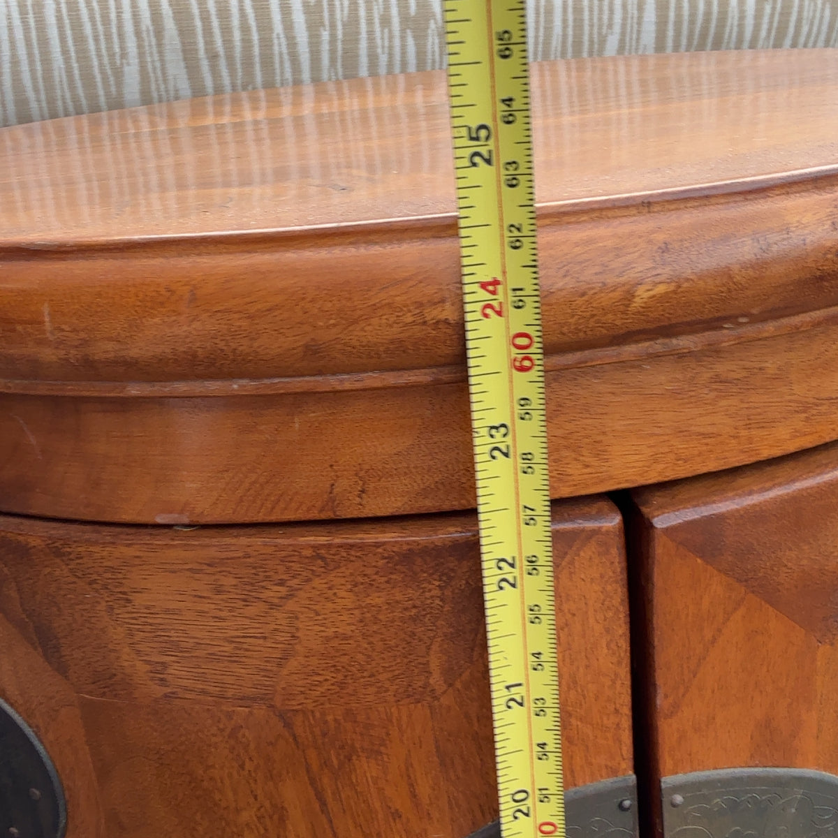 Round Wooden Asian Style Side Table w/ Storage Solid Wood