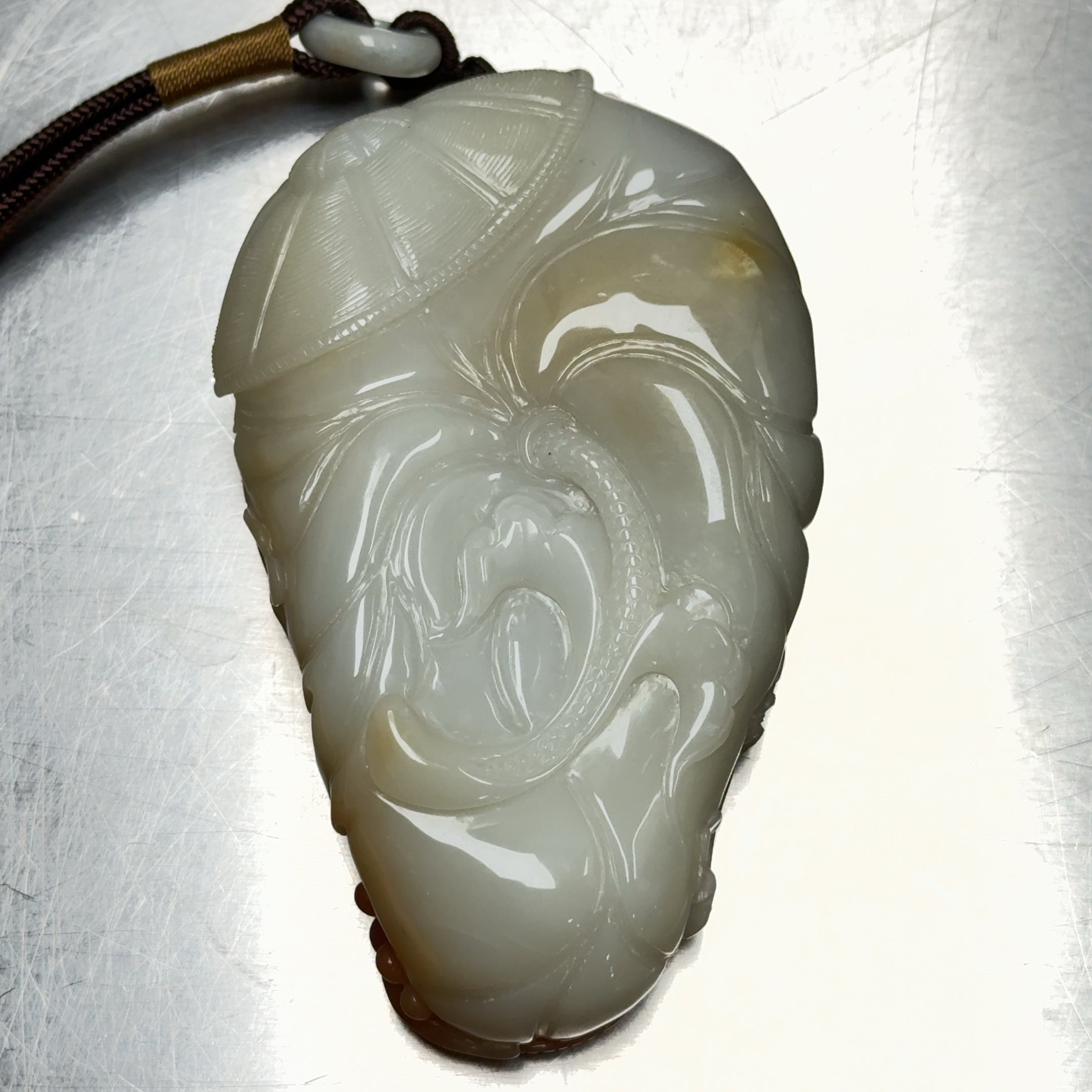 Chinese Hand Carved Nephrite Jade Large Pendant Old Man & Umbrella 5"