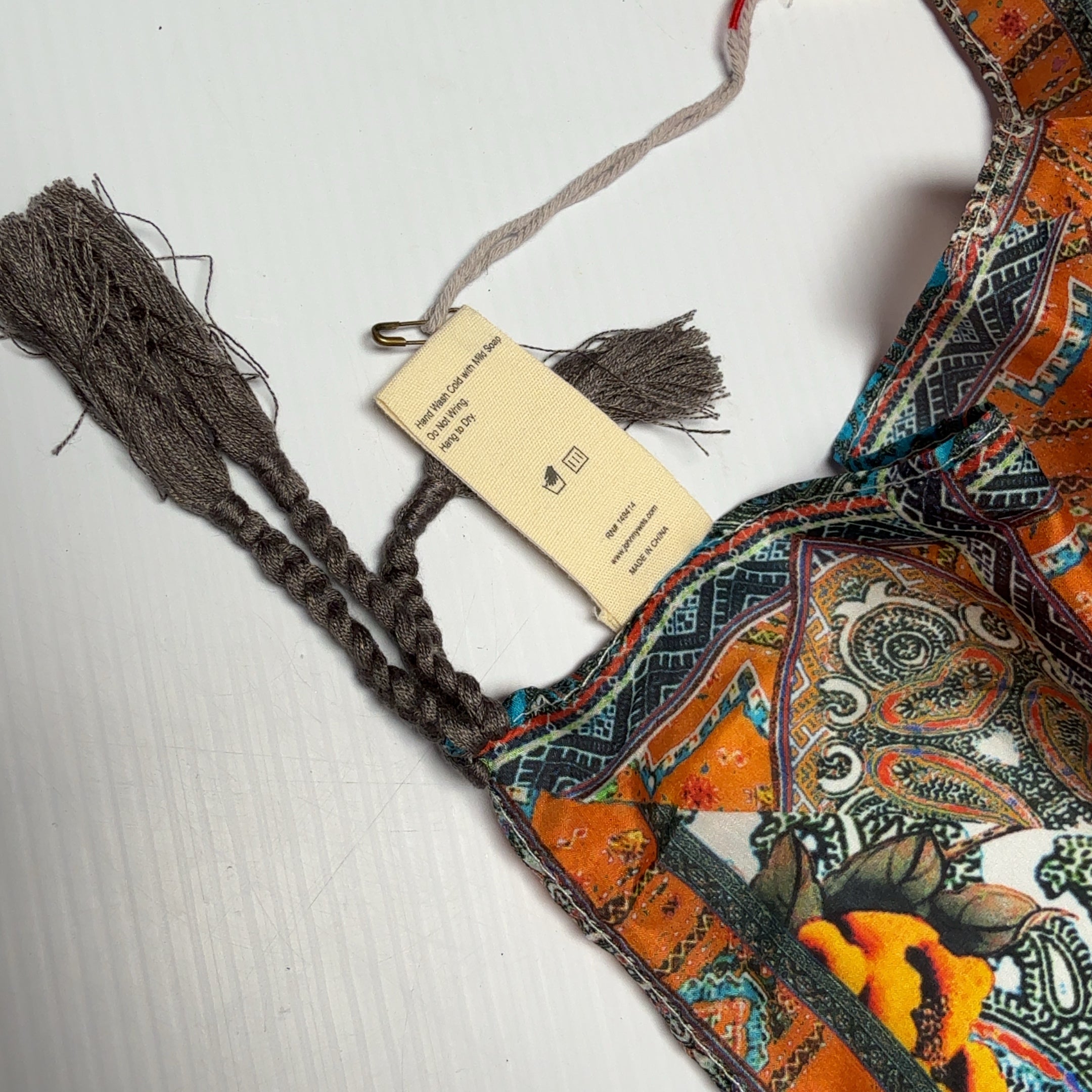 Johnny Was 100% Silk Scarf Tassels Floral Symmetrical Square 42" x 42"